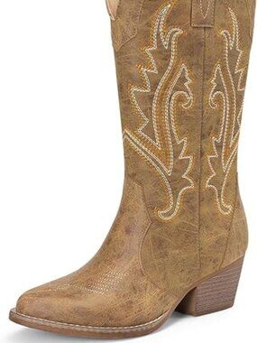 Women's Tan Faux Leather Mid Calf Cowgirl Boots Point Toe Chunky Heel Boots